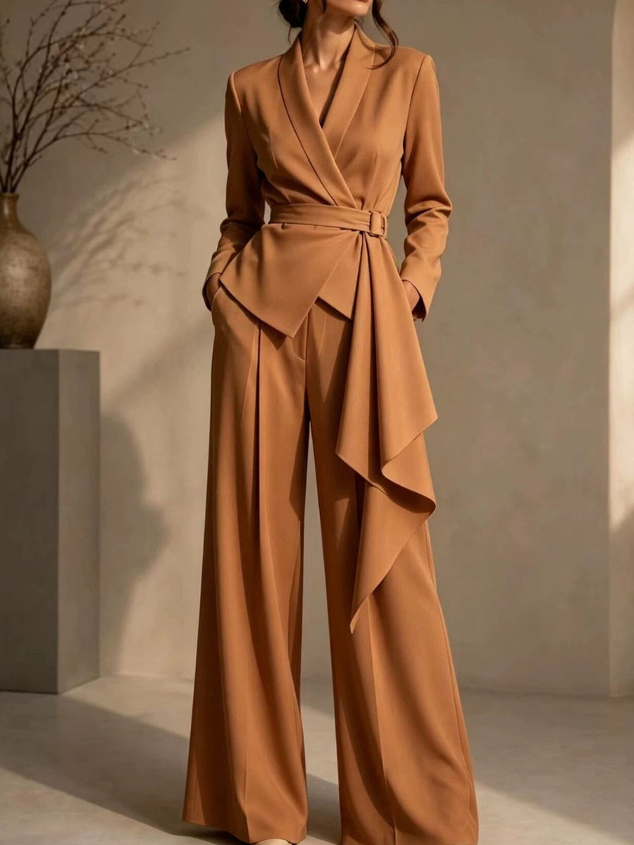 pants set in camel featuring belted and tailored fit