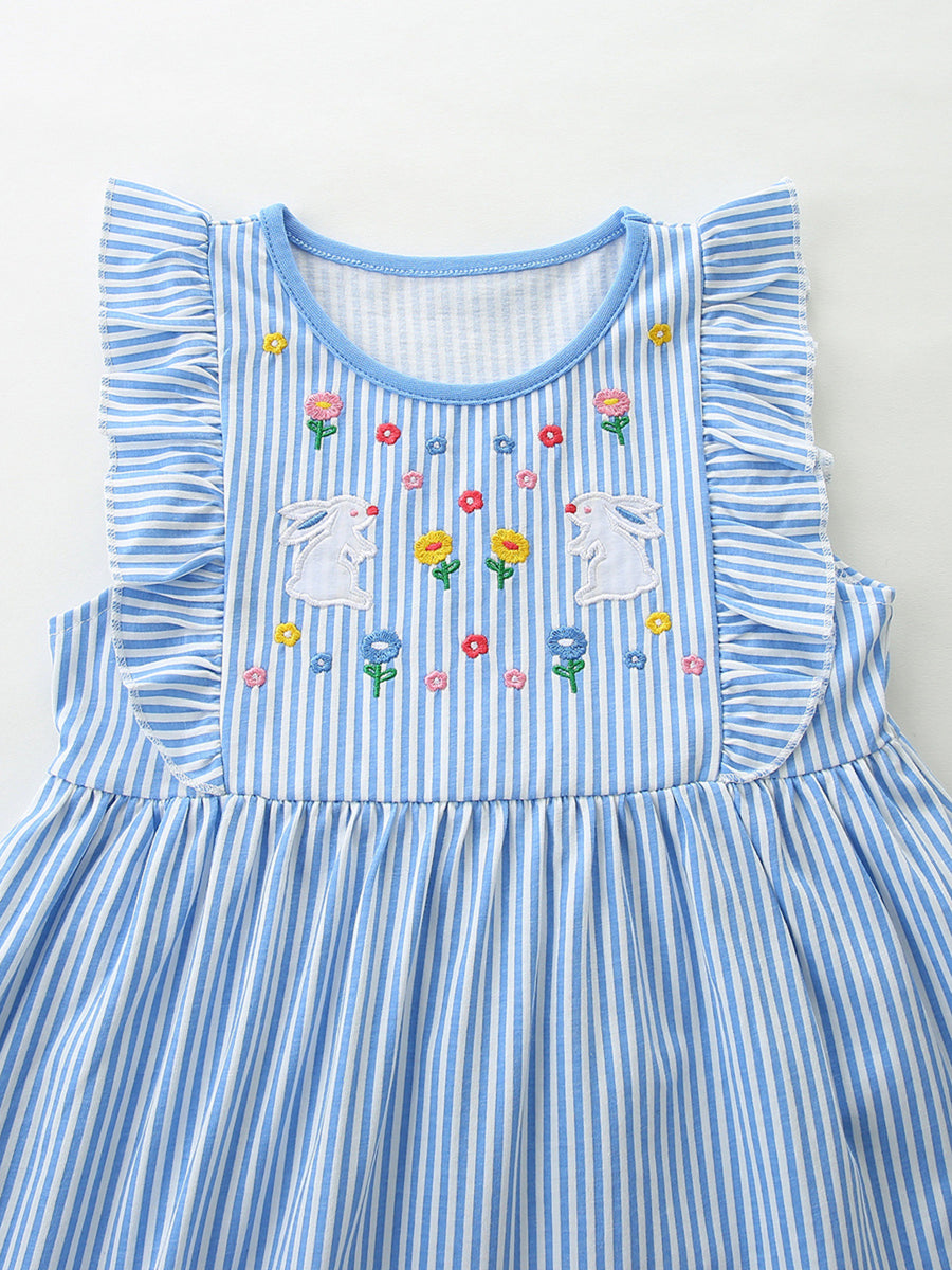 Blue striped cotton toddler dress with embroidered bunnies and flowers, featuring ruffle sleeves.