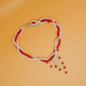 Twisted Bead Tassel Necklace in red with beaded