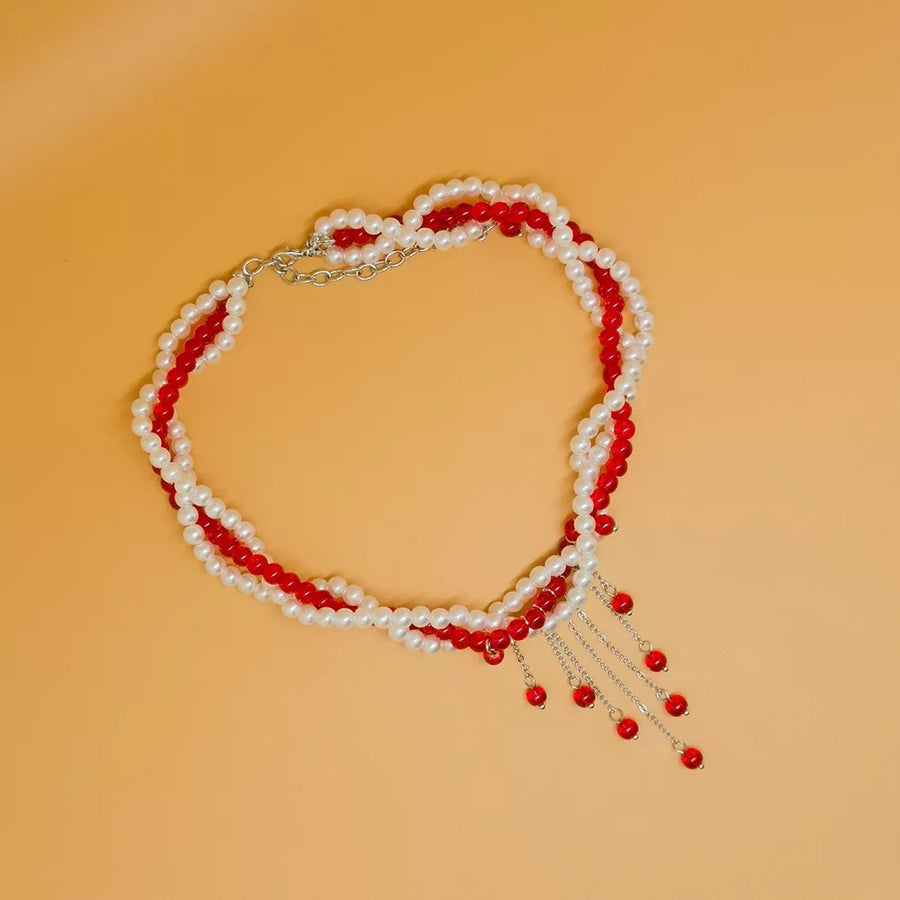 Twisted Bead Tassel Necklace in red with beaded