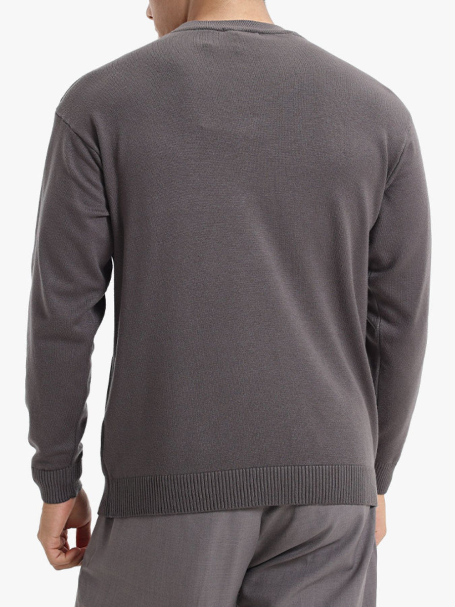 Men's Minimalist Crew Neck Sweater in Dark Gray with ribbed cuffs