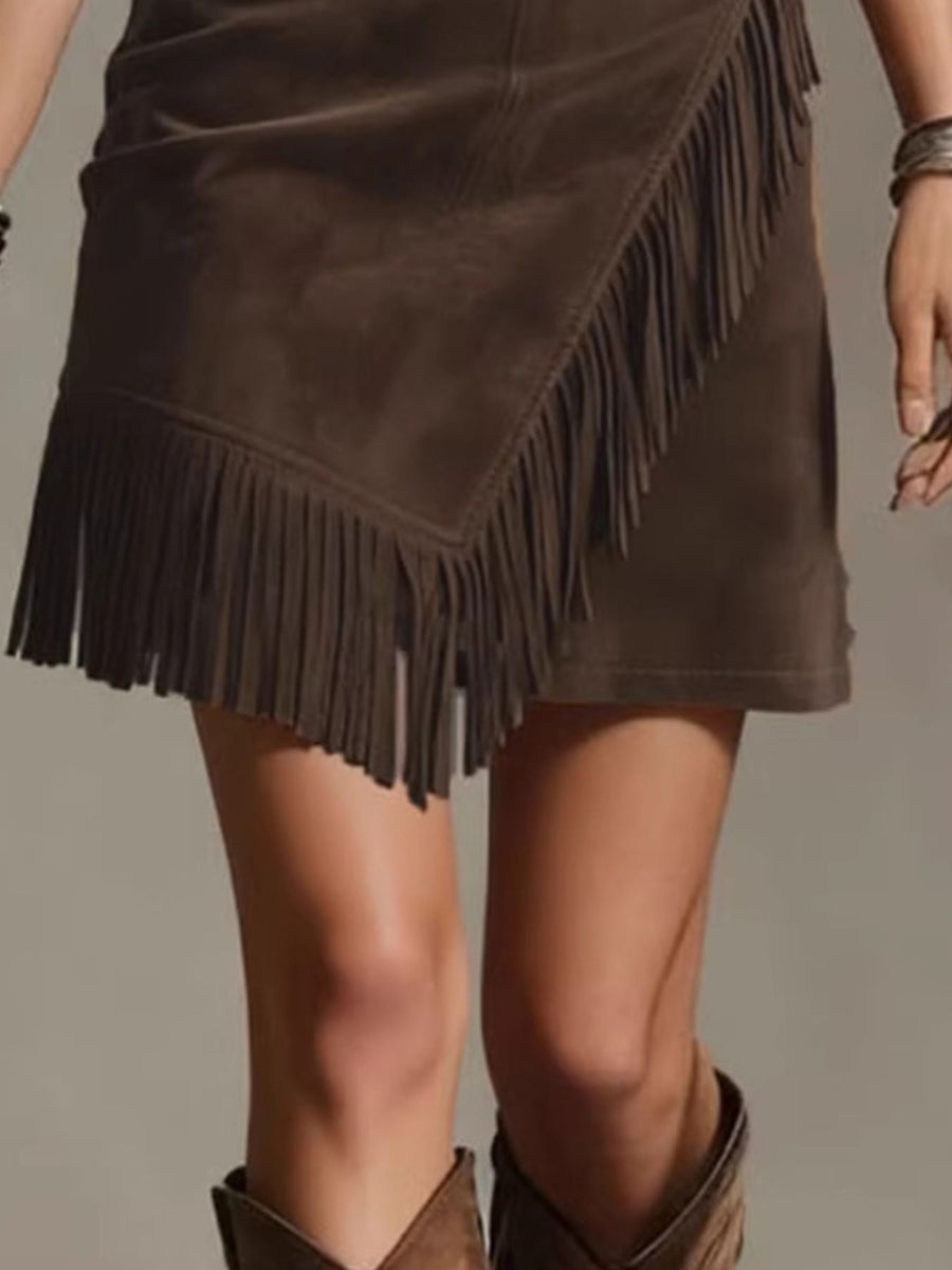 wrap skirt in camel with asymmetrical and mini