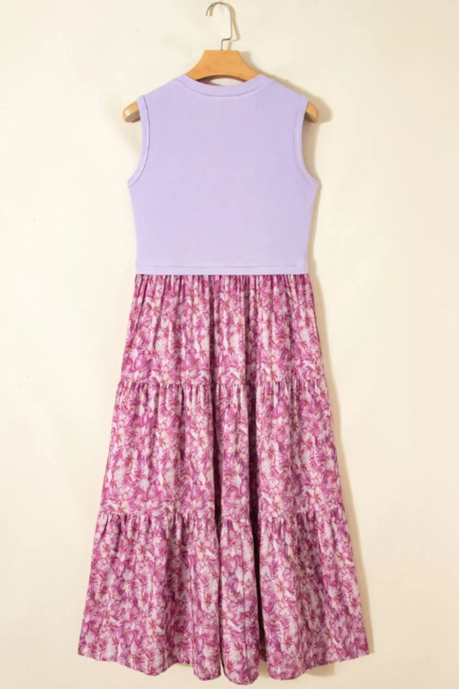 Floral tiered maxi dress with ribbed lilac bodice and pink floral print skirt.