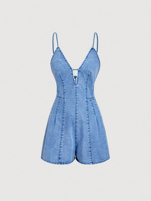 95%cotton,5%spandex Care instructions: Machine wash cold romper in Blue with fitted silhouette
