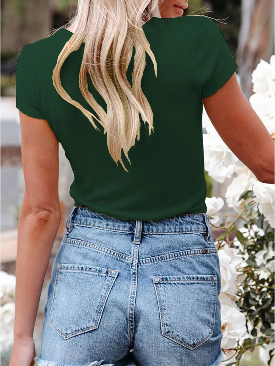 Dark green V-neck maternity t-shirt with short sleeves, shown from the back with denim shorts.