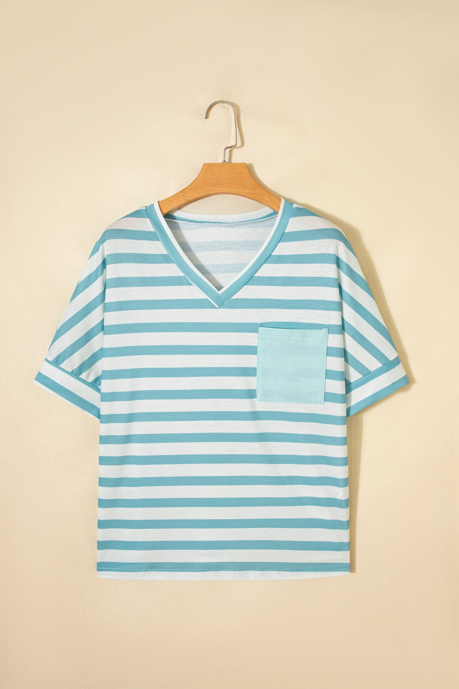 Teal and white striped V-neck t-shirt with a chest pocket.