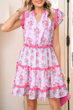Floral tiered ruffle dress with elastic waist and pink trim, featuring a bouquet print on a light purple background.