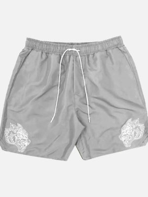 Gray performance shorts with embroidered wolf heads and white drawstring.