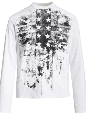white t-shirt with graphic print and crew neck