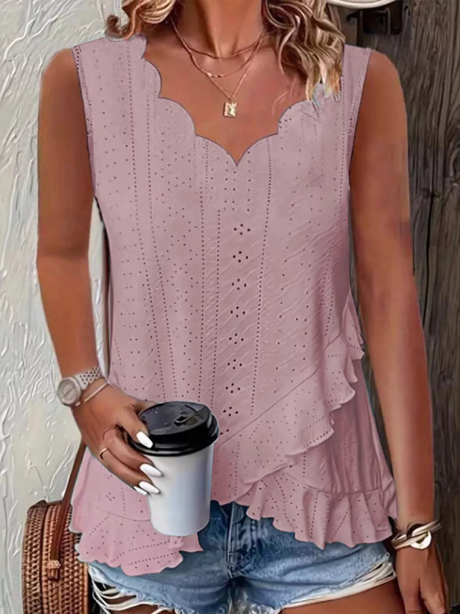 Blue V-neck Eyelet Ruffled Tank Top