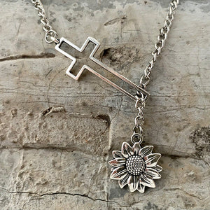 Silver alloy asymmetrical cross lariat necklace with sunflower charm