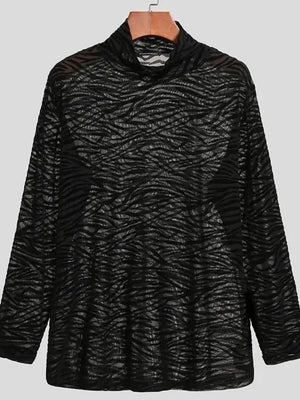 Black sheer zebra-striped mock neck long sleeve top