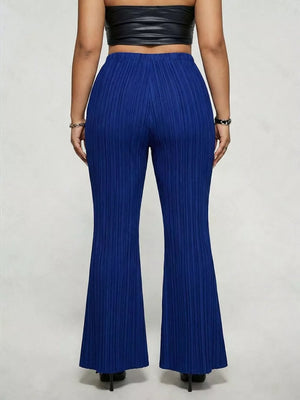 Royal blue ribbed high-waist flare maternity trousers with a buckle detail.