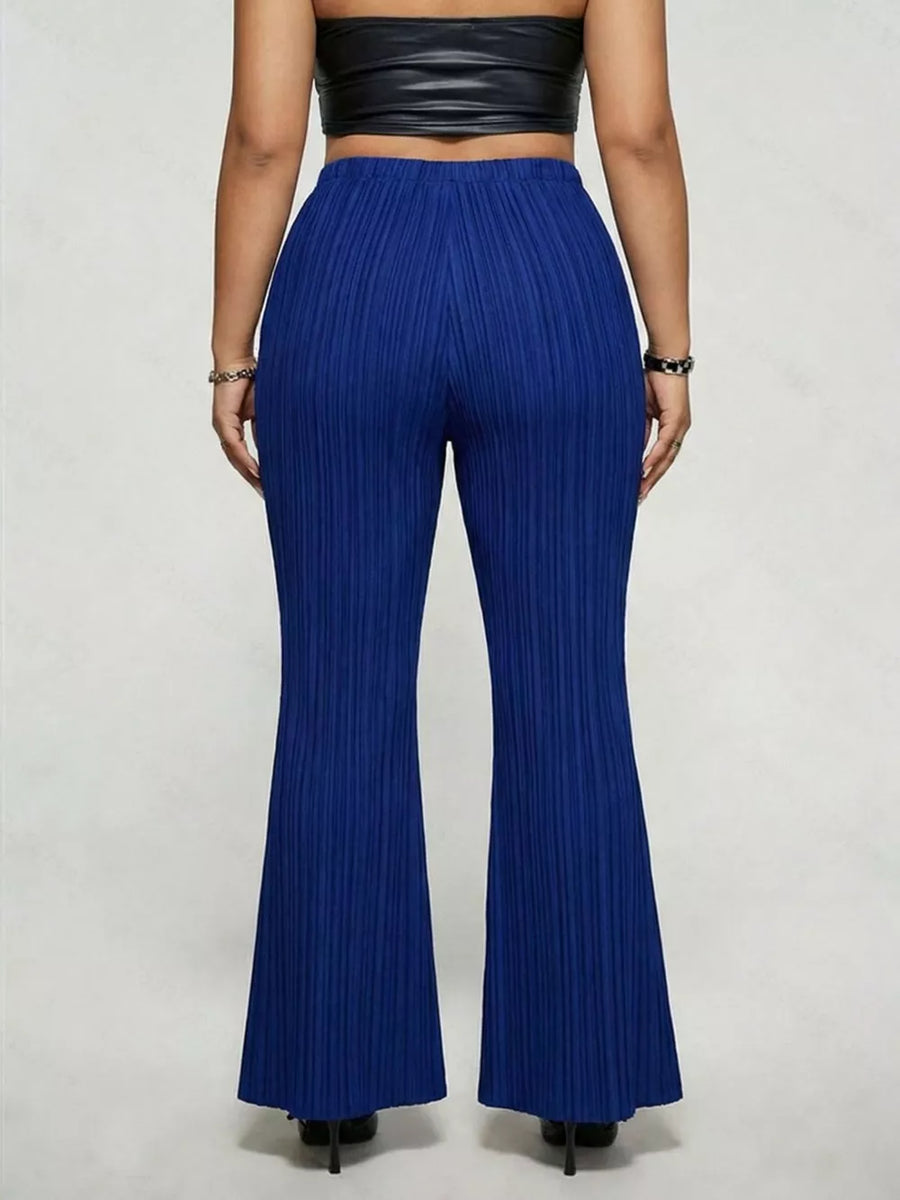 Royal blue ribbed high-waist flare maternity trousers with a buckle detail.