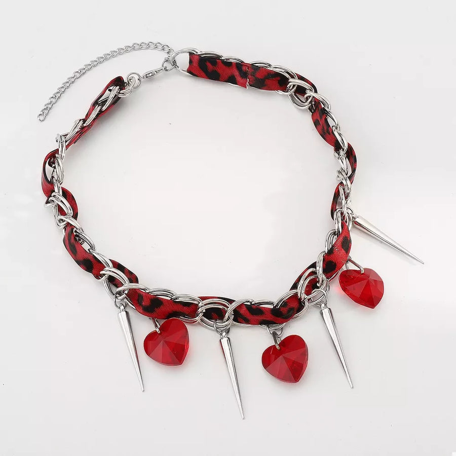 necklace featuring leopard-print in Red with Alloy, Silver-plated, Glass, leather Care instructions: Avoid wearing during