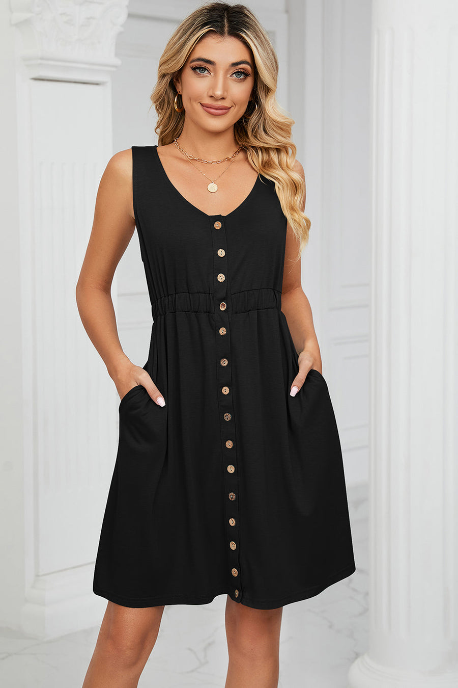Black button-down a-line summer dress with elastic waist and pockets