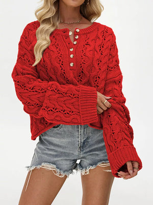 red pullover sweater with cable knit and henley