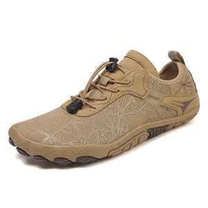 Khaki geometric mesh barefoot water shoes with quick-lace closure and Sport branding.