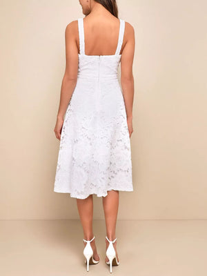 White floral lace sweetheart midi dress with square neckline and wide straps.