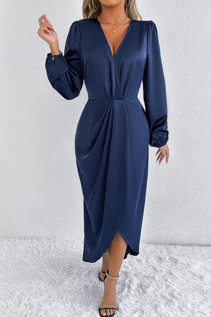 olive green A-line midi dress with deep v-neck