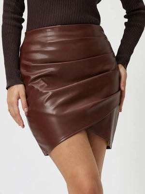 Brown faux leather wrap mini skirt with asymmetrical draped detail