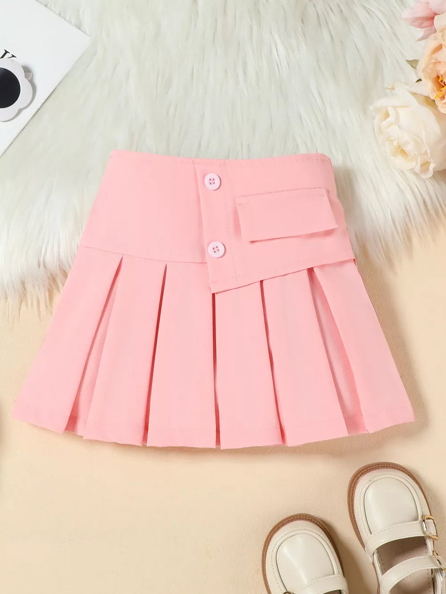Pink pleated skirt with decorative buttons and pocket detail