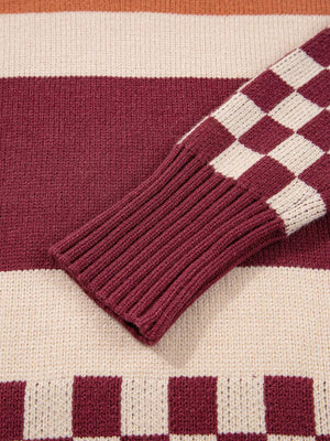 Checkered Color Block Knitted Sweater in Multicolor with ribbed