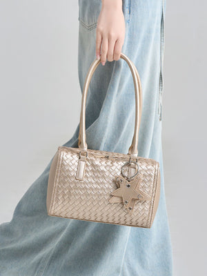 PU Leather Imported Size & handbag in champagne gold with structured silhouette