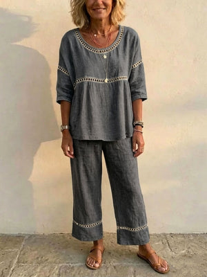 Full Size Hollow-Out Top And Pants Set in Light Blue with cutout