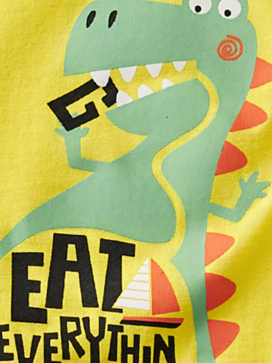 Yellow cotton toddler tee with a green dinosaur graphic and "EAT EVERYTHING" text.