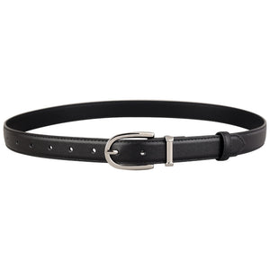 Black cowhide leather belt with silver buckle and accent detail
