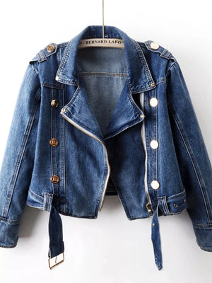 denim jacket in medium wash blue featuring asymmetrical zip and regular fit