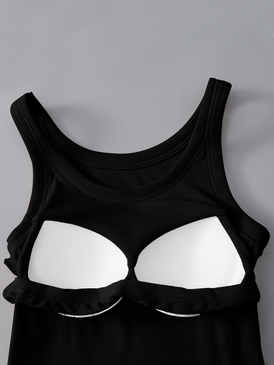 Black ribbed knit tank top with built-in bra cups and scoop neckline.