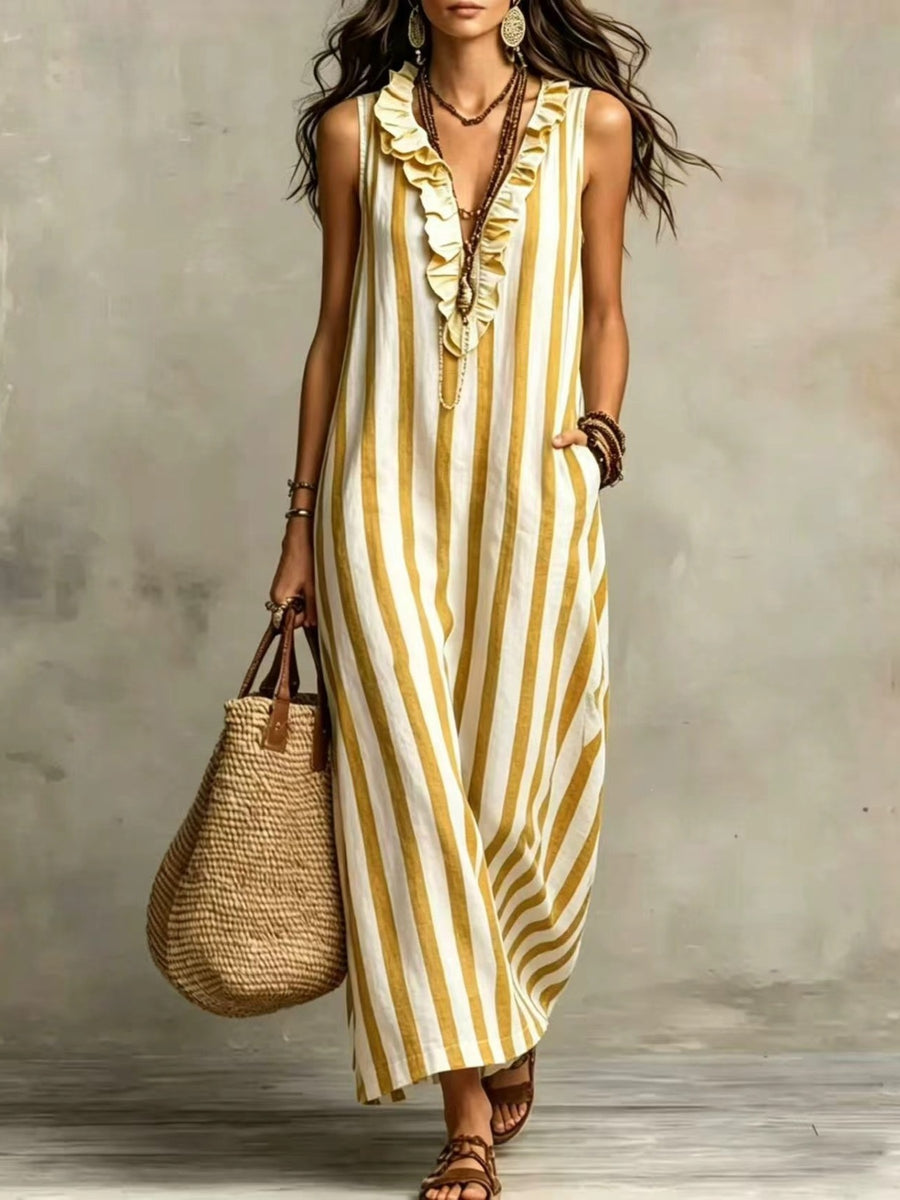 white maxi dress with ruffled and sleeveless