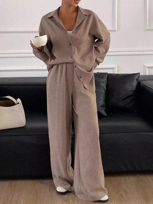 Brown relaxed two-piece set with collared