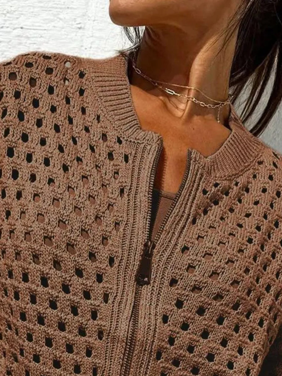 Light Gray cardigan featuring zipper and openwork