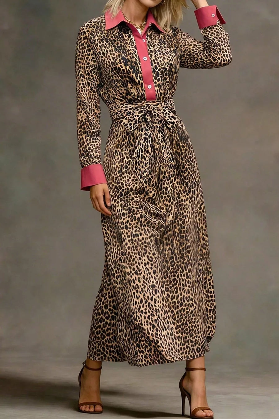 brown shirt dress featuring buttoned and leopard
