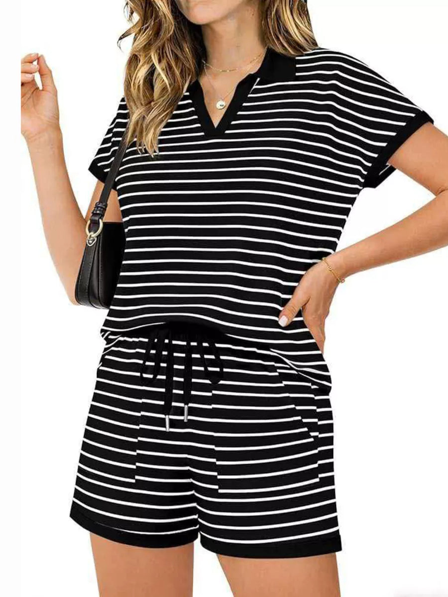 Black stripes polo shirt and drawstring shorts loungewear set with pockets.