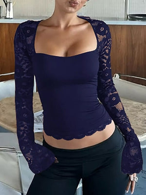 Navy blue lace-embellished square neck t-shirt with a cropped hem and bell sleeves.