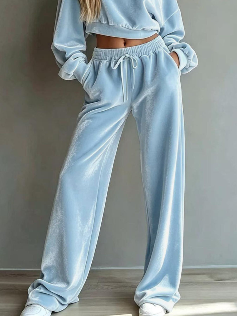 Full Size Cropped Sweatshirt And Wide-Leg Pants Set in ivory