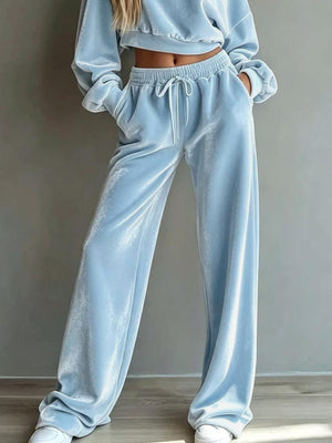Full Size Cropped Sweatshirt And Wide-Leg Pants Set in ivory
