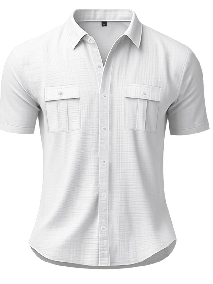 White short sleeve button-down shirt with two chest pockets and a subtle textured pattern.