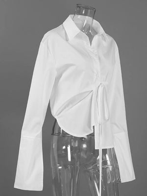 Tie-waist Wrap-front Shirt in Black with tied