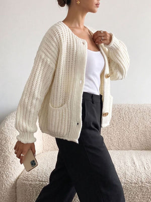 Coffee Brown cardigan featuring buttoned and ribbed knit