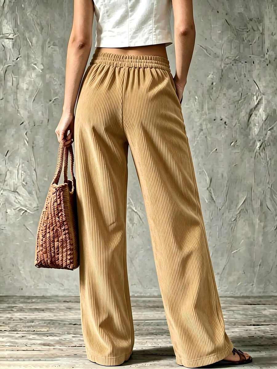 Khaki wide-leg pants with full-length and button, zip-front