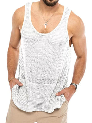 White open-knit scoop neck tank top with a relaxed fit.