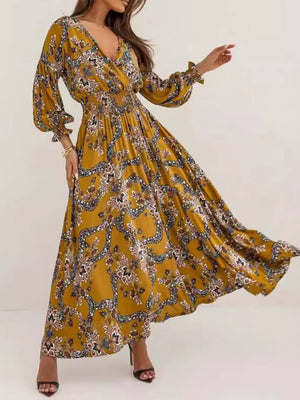 green maxi dress with pullover and floral