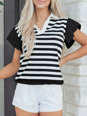 Black and white striped cotton blouse with ruffled black sleeves and a collared v-neck.
