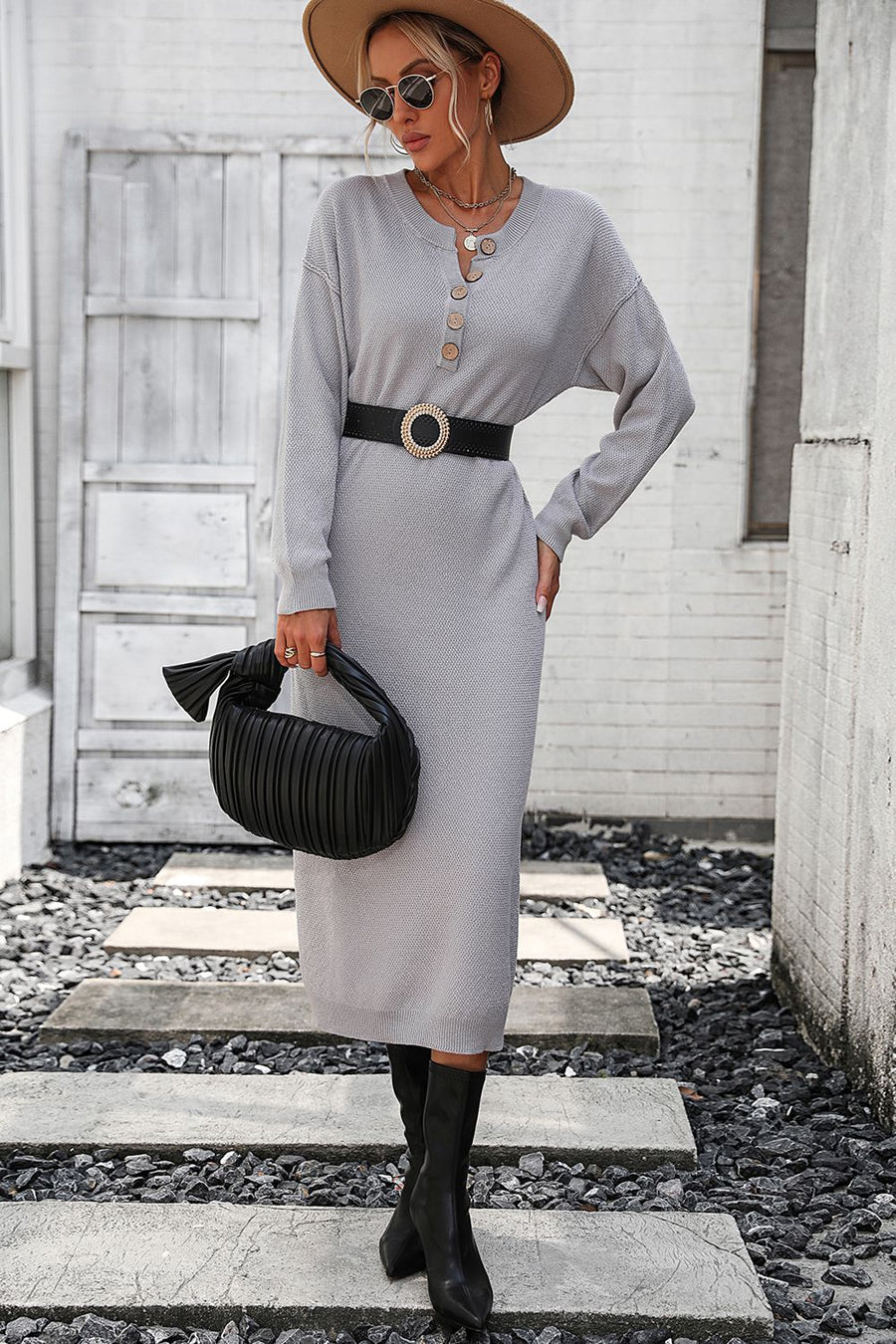 Light gray textured knit henley midi dress with button detail and long sleeves.