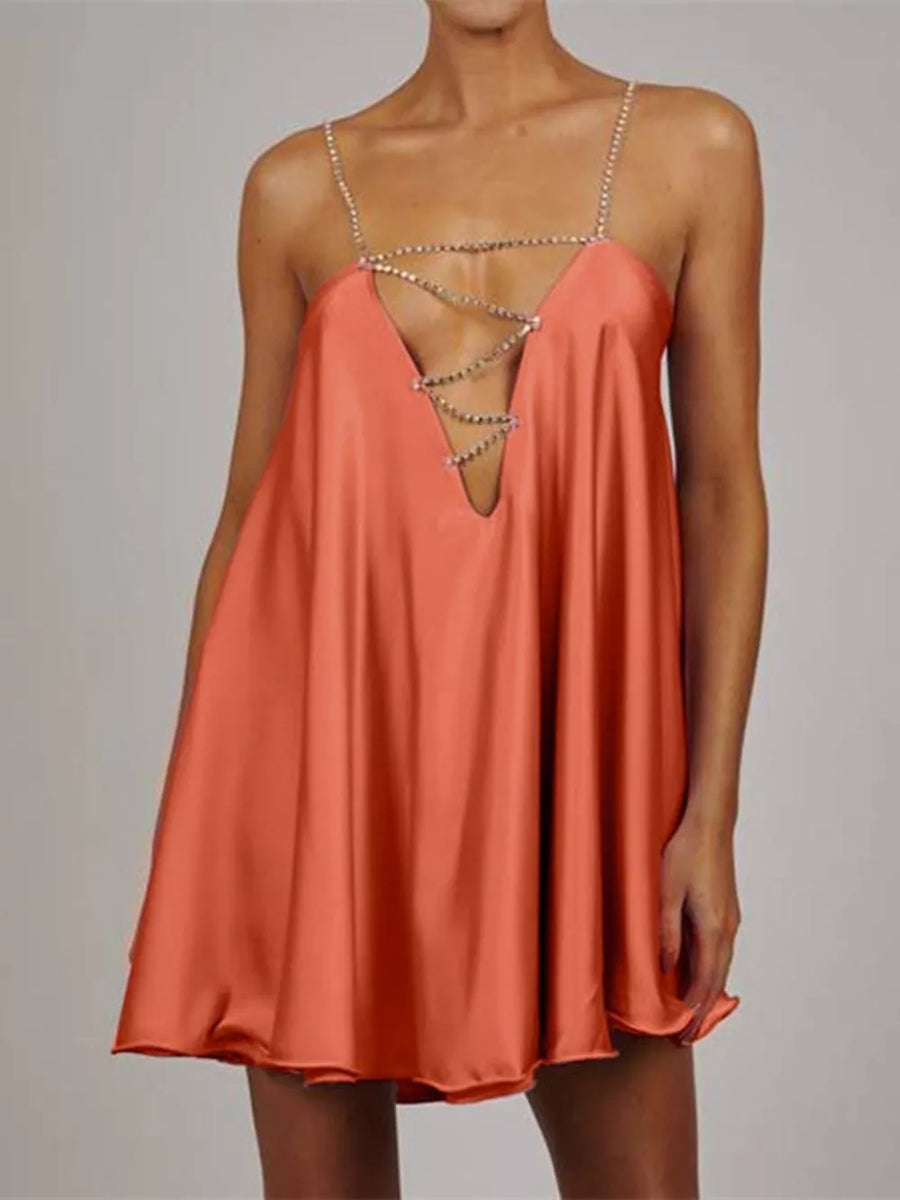 Rhinestone Embellished Plunge Mini Dress in Black with backless
